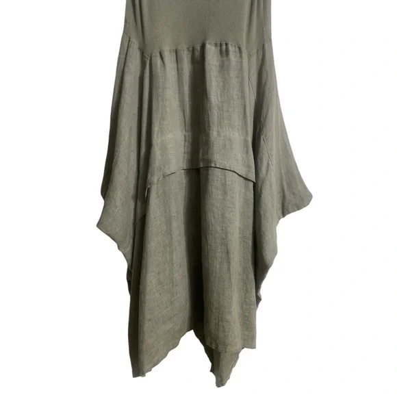 INIZIO 100% Linen Green Tiered Midi Tank Dress Sleeveless Stretch Women’s Medium - Picture 14 of 16